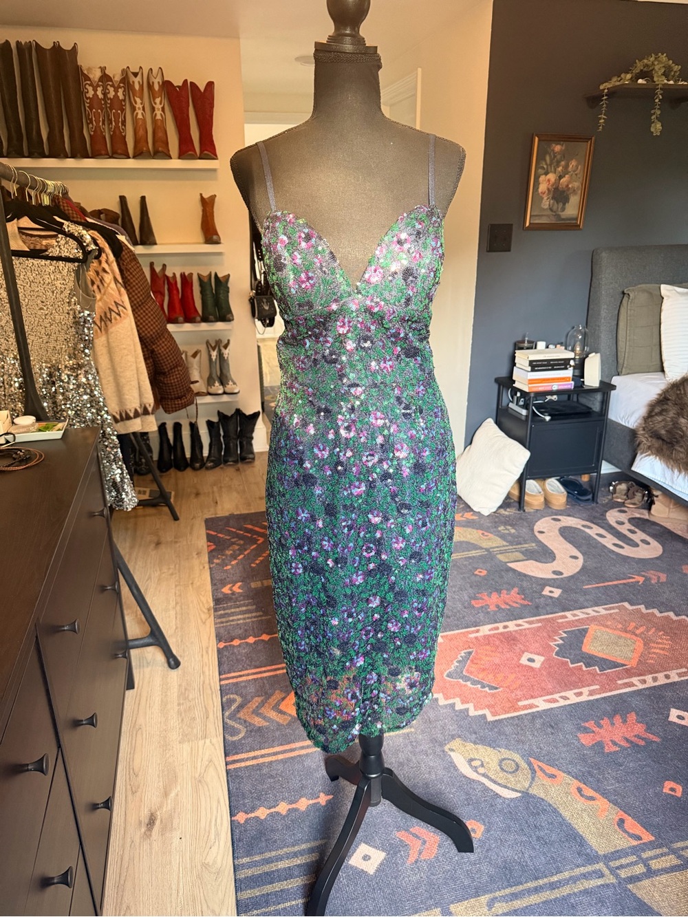 Dress the Population Green & Purple Sequin Floral Midi Dress